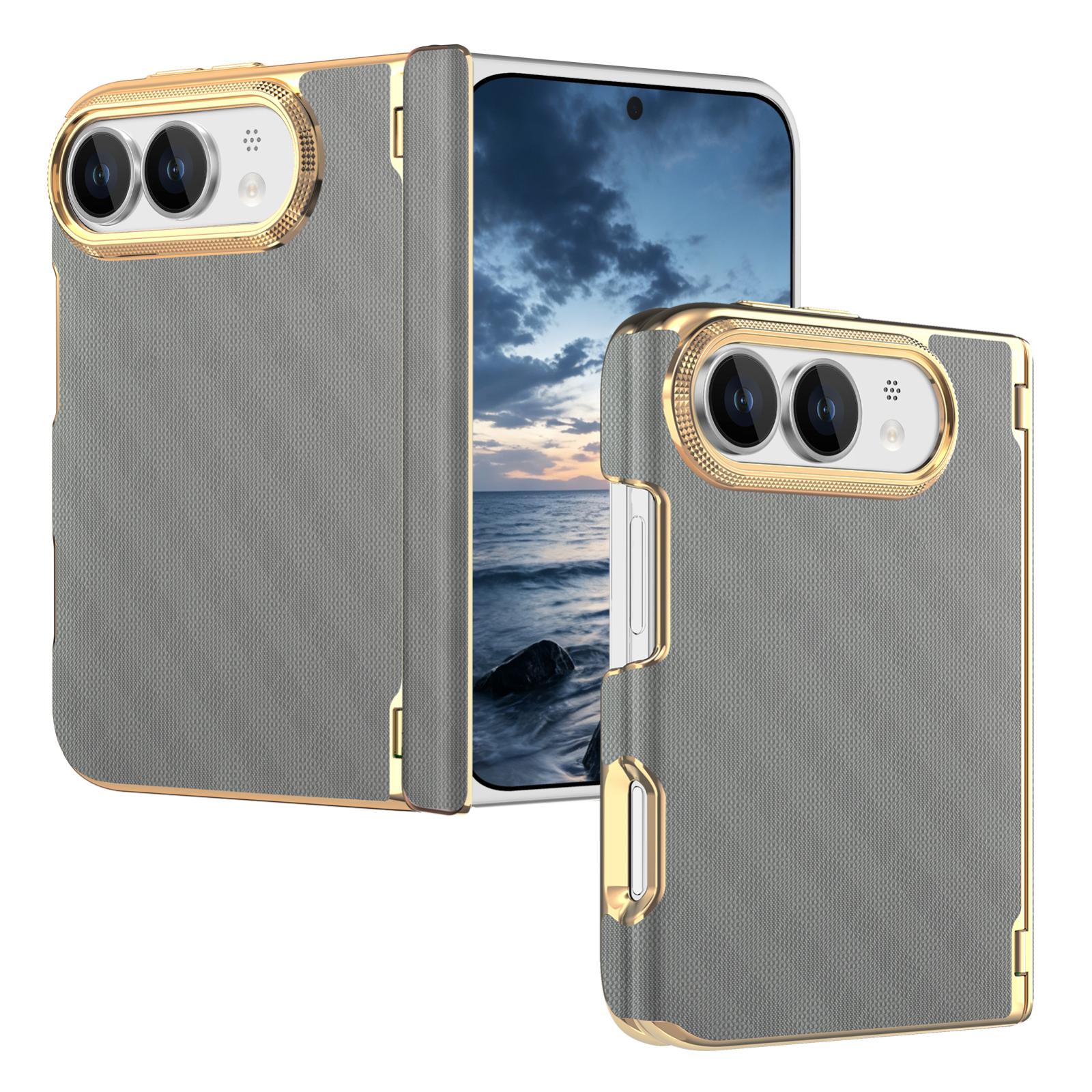 Compatible with  iPhone Duo Geometric Mesh Texture Vegan Leather Dual-Hinge Phone Case - Grey