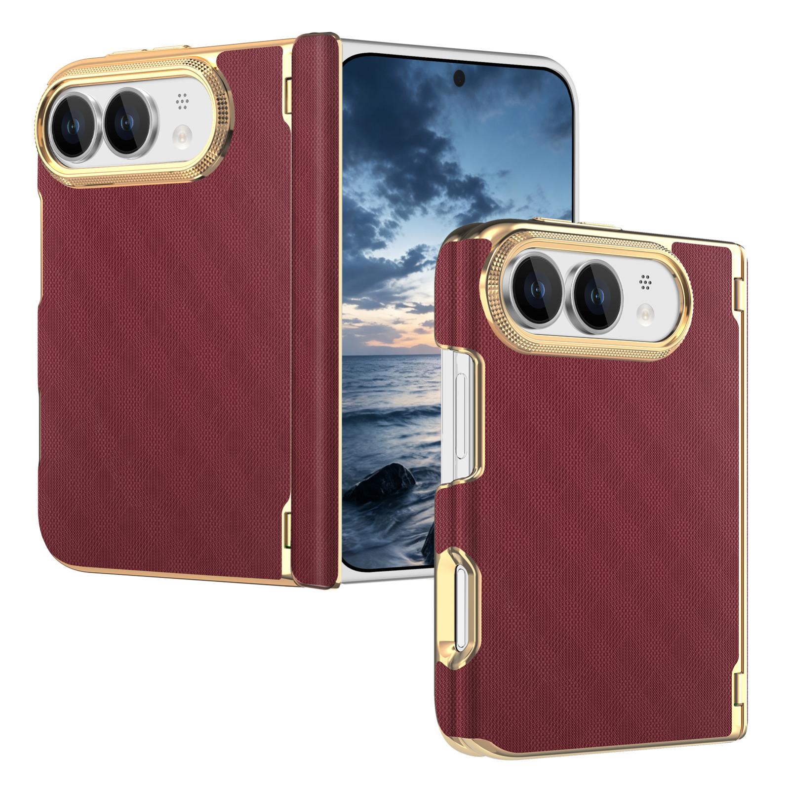 Compatible with  iPhone Duo Geometric Mesh Texture Vegan Leather Dual-Hinge Phone Case - Red