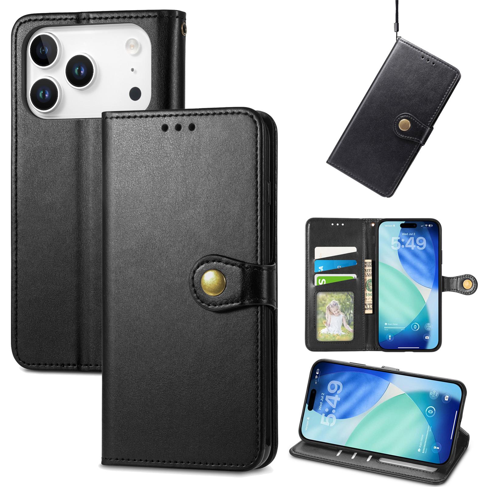 Compatible with iPhone 18 Pro Retro Solid Color Buckle Leather Phone Case - Black