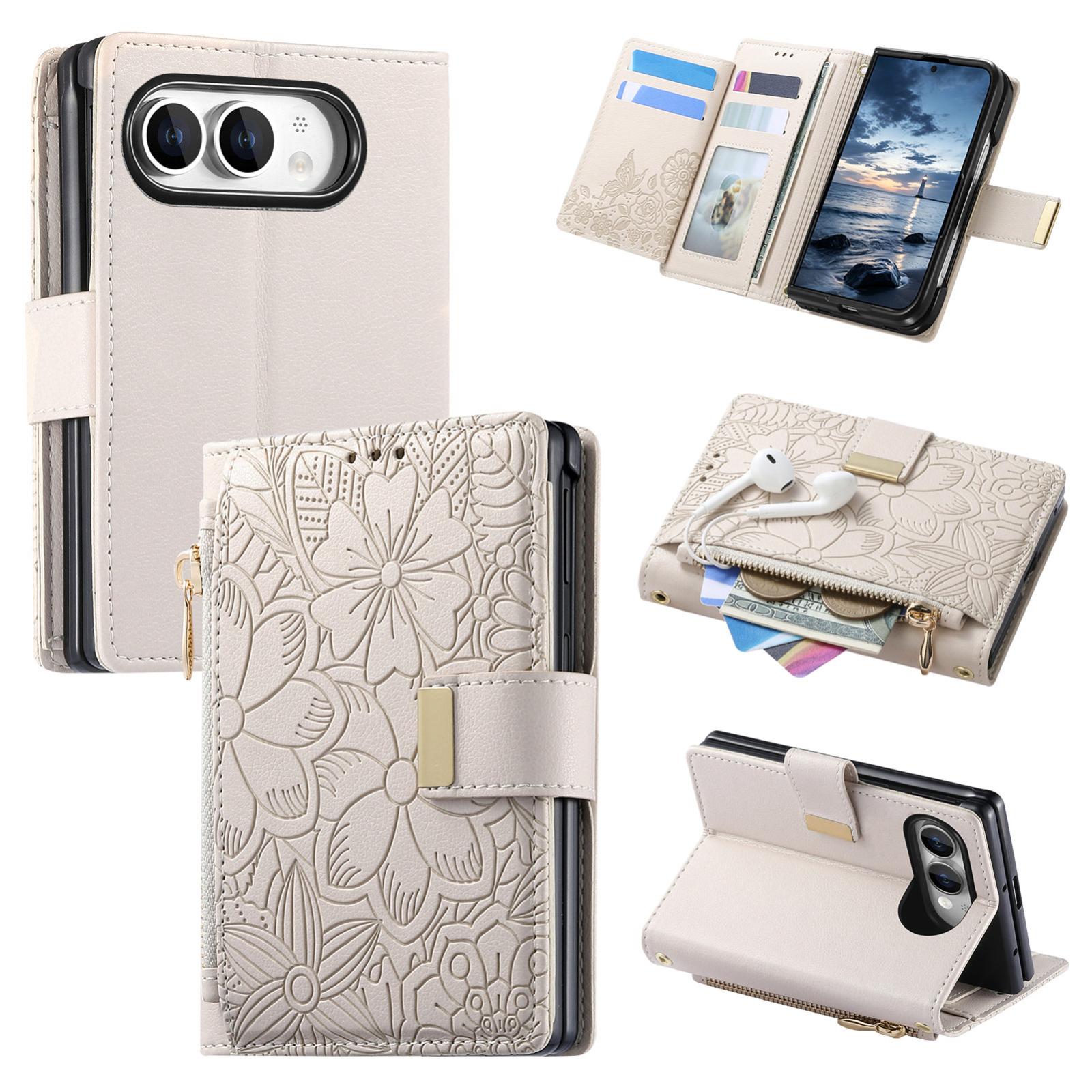 Compatible with iPhone Duo Flowers Leaves Zipper Wallet Leather Phone Case with Strap - Beige