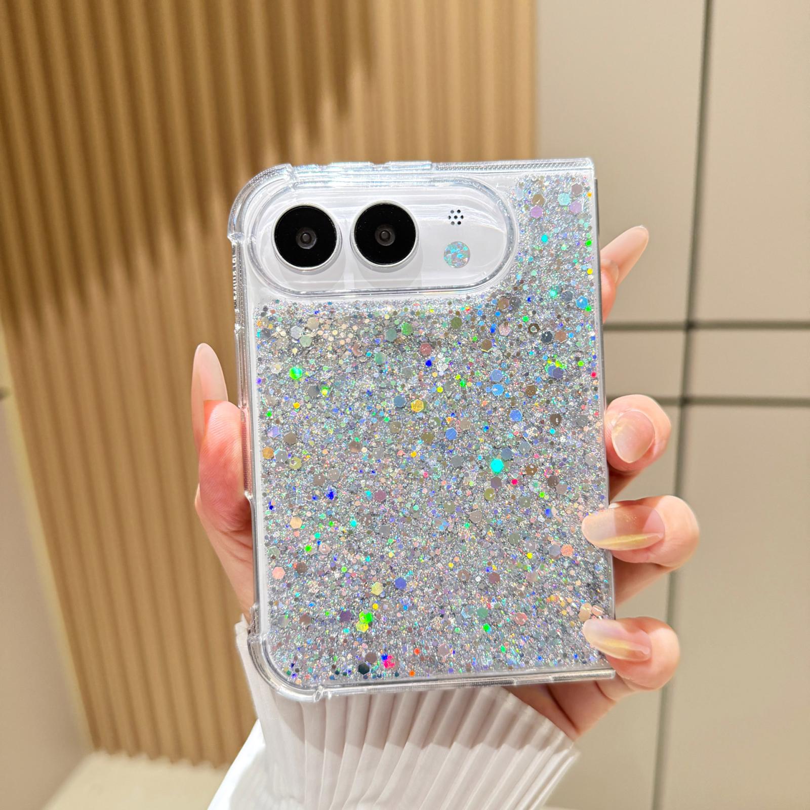 Compatible with iPhone Duo Glitter Sequins Epoxy TPU Phone Case - Silver