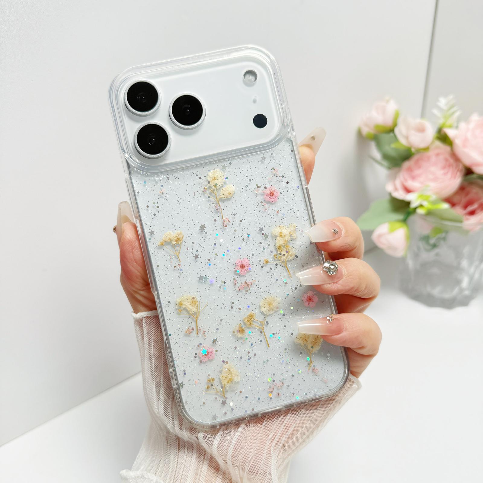 Compatible with iPhone 18 Pro Gypsophila Flowers Pattern TPU Protective Phone Case - Pink