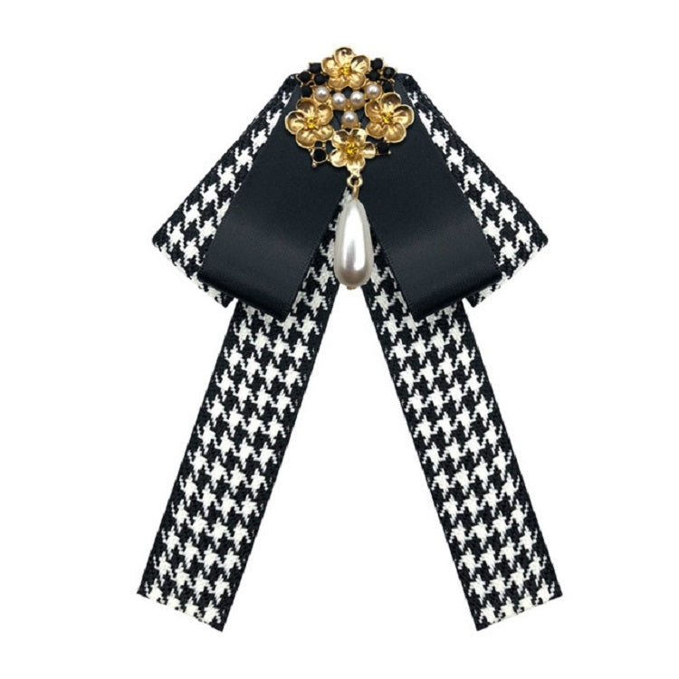 Ladies Retro Style Cloth Fabric Pearl Diamond Brooch Bow Tie Bow Clothing Accessories, Style:Pin Buckle Version(Black White)