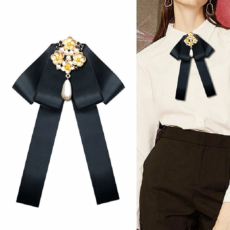 Ladies Retro Style Cloth Fabric Pearl Diamond Brooch Bow Tie Bow Clothing Accessories, Style:Pin Buckle Version(Black White)