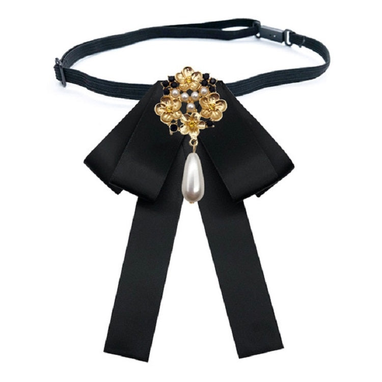 Ladies Retro Style Cloth Fabric Pearl Diamond Brooch Bow Tie Bow Clothing Accessories, Style:Tie Belts Version(Black)