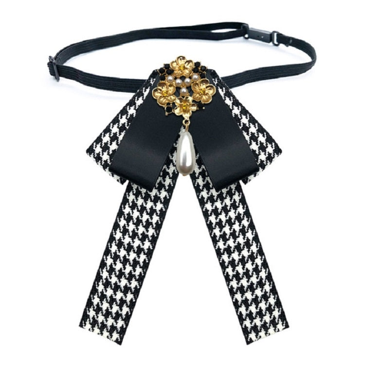 Ladies Retro Style Cloth Fabric Pearl Diamond Brooch Bow Tie Bow Clothing Accessories, Style:Tie Belts Version(Black White)