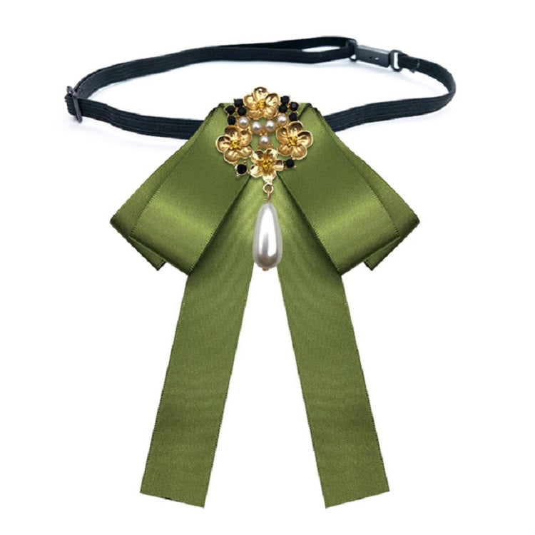 Ladies Retro Style Cloth Fabric Pearl Diamond Brooch Bow Tie Bow Clothing Accessories, Style:Tie Belts Version(Olive Green)