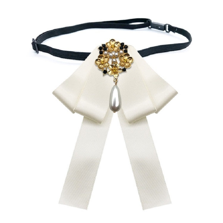 Ladies Retro Style Cloth Fabric Pearl Diamond Brooch Bow Tie Bow Clothing Accessories, Style:Tie Belts Version(White)