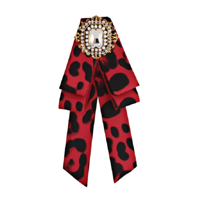 Women Leopard Bow-knot Bow Tie Large Pearl Retro Brooch(Red)