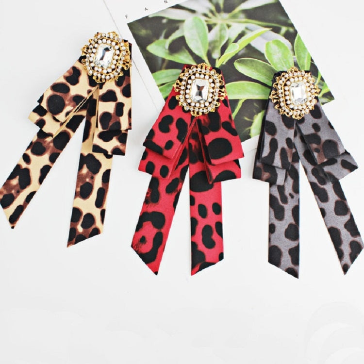Women Leopard Bow-knot Bow Tie Large Pearl Retro Brooch(Red)