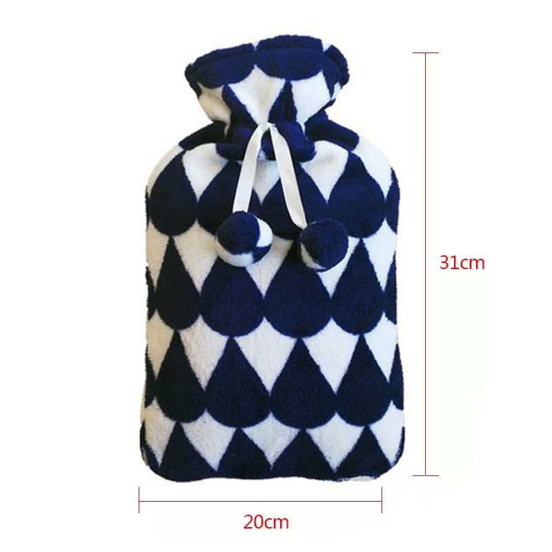 Hot Water Bottle Solid Color Knitting Cover (Without Hot Water Bottle) Water-filled Hot Water Soft Knitting Bottle Velvet Bag(Coral velvet blue water droplets)
