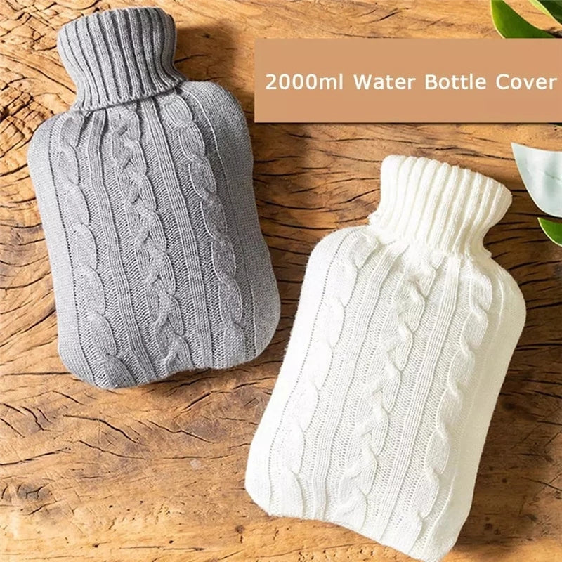 Hot Water Bottle Solid Color Knitting Cover (Without Hot Water Bottle) Water-filled Hot Water Soft Knitting Bottle Velvet Bag(Coral velvet blue water droplets)
