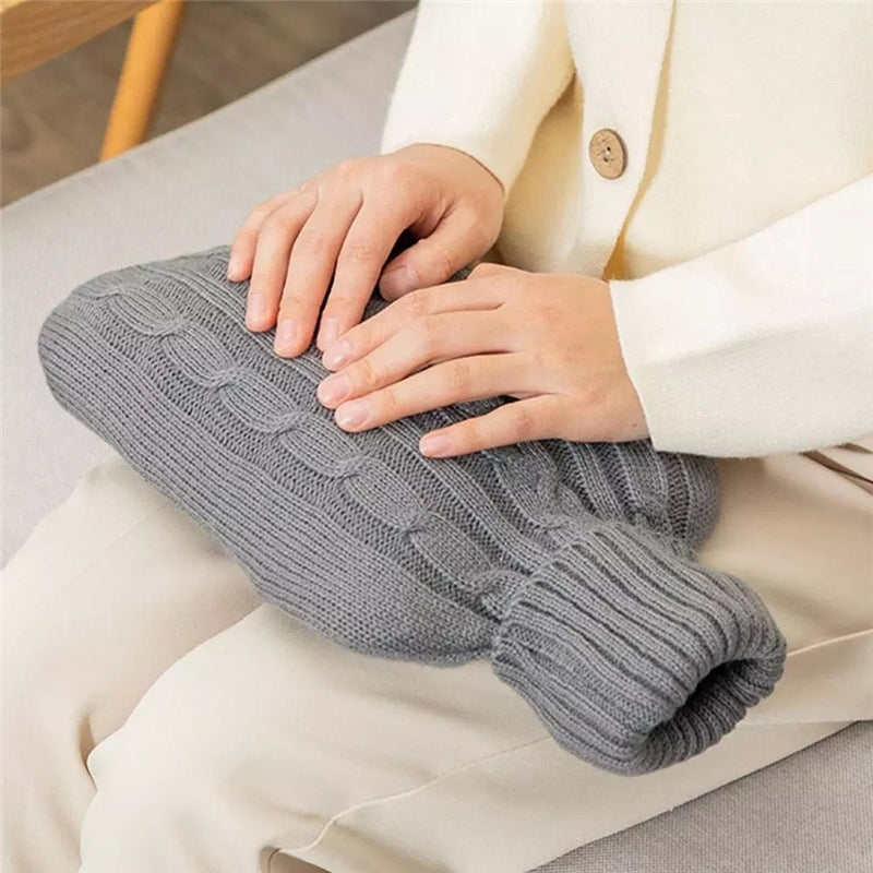 Hot Water Bottle Solid Color Knitting Cover (Without Hot Water Bottle) Water-filled Hot Water Soft Knitting Bottle Velvet Bag(Coral velvet blue water droplets)