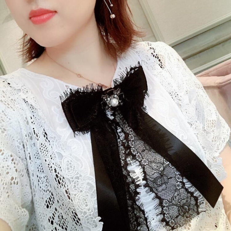 Women Lace Big Bow-knot Bow Tie Diamond Brooch Clothing Accessories(Black)