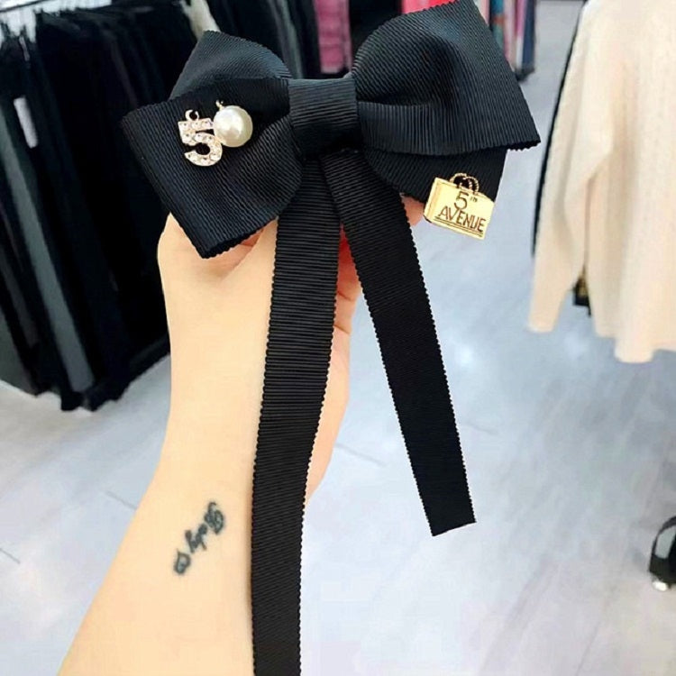 Ladies Three-dimensional Letter Cloth Brooch College Style Sweet Long Ribbon Bow-knot Bow Tie Costume Accessories(Black)