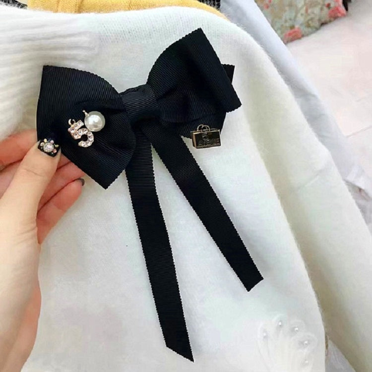 Ladies Three-dimensional Letter Cloth Brooch College Style Sweet Long Ribbon Bow-knot Bow Tie Costume Accessories(Black)