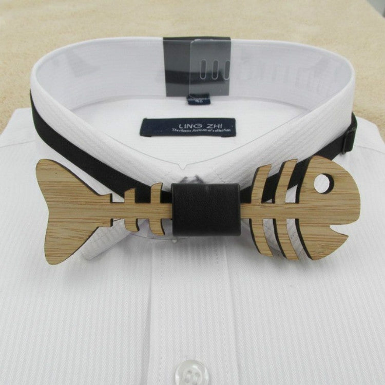 Wood Color Hollow Fish Bone Shape Bamboo Wooden Bow Tie for Men, Package:Boxed Package