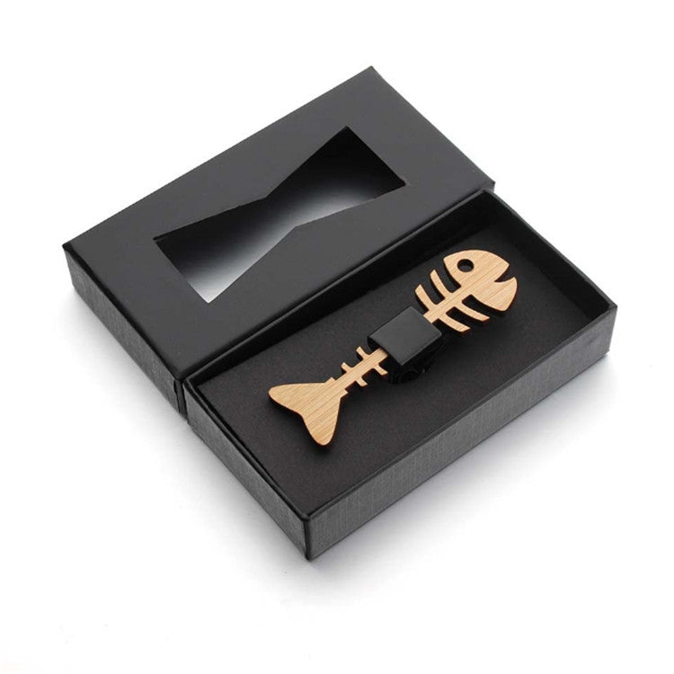 Wood Color Hollow Fish Bone Shape Bamboo Wooden Bow Tie for Men, Package:Boxed Package