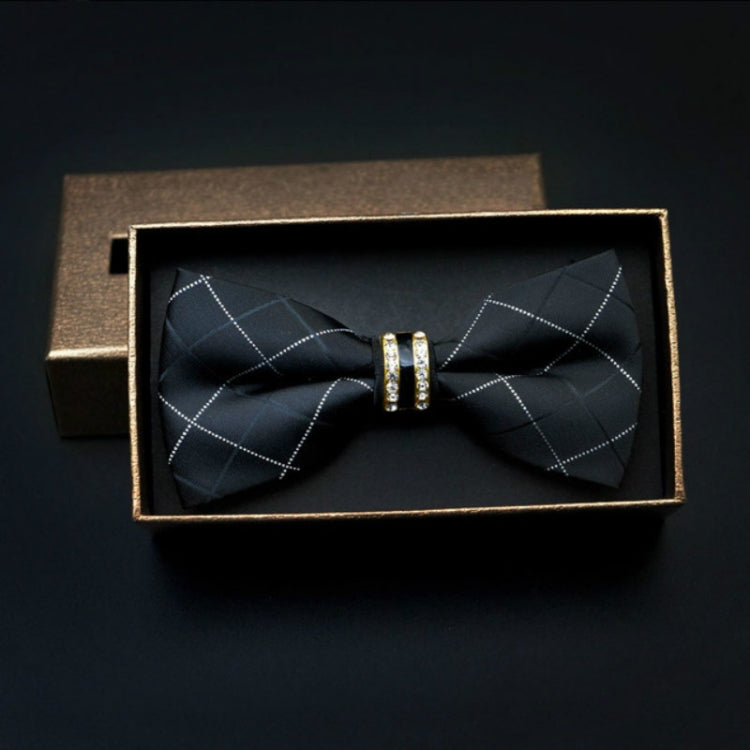 Polyester Yarn Diamond Bow Tie Metal Bow for Men(Black Grid)