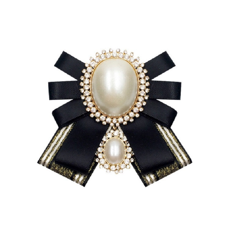 Women Pearl Bow-knot Bow Tie Cloth Brooch Clothing Accessories, Style:Pin Buckle Version(Gold Black)