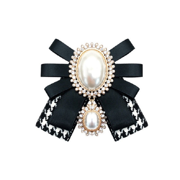 Women Pearl Bow-knot Bow Tie Cloth Brooch Clothing Accessories, Style:Pin Buckle Version(Black White)