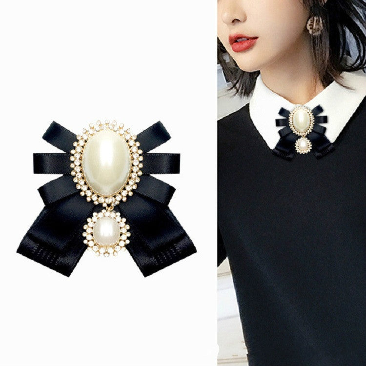 Women Pearl Bow-knot Bow Tie Cloth Brooch Clothing Accessories, Style:Tie Belt Version(Black)