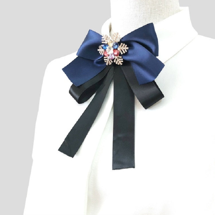 Women Snowflake Shape Colored Rhinestone Bow-knot Bow Tie Brooch Clothing Accessories, Style:Tie Belts Version(Dark Blue)