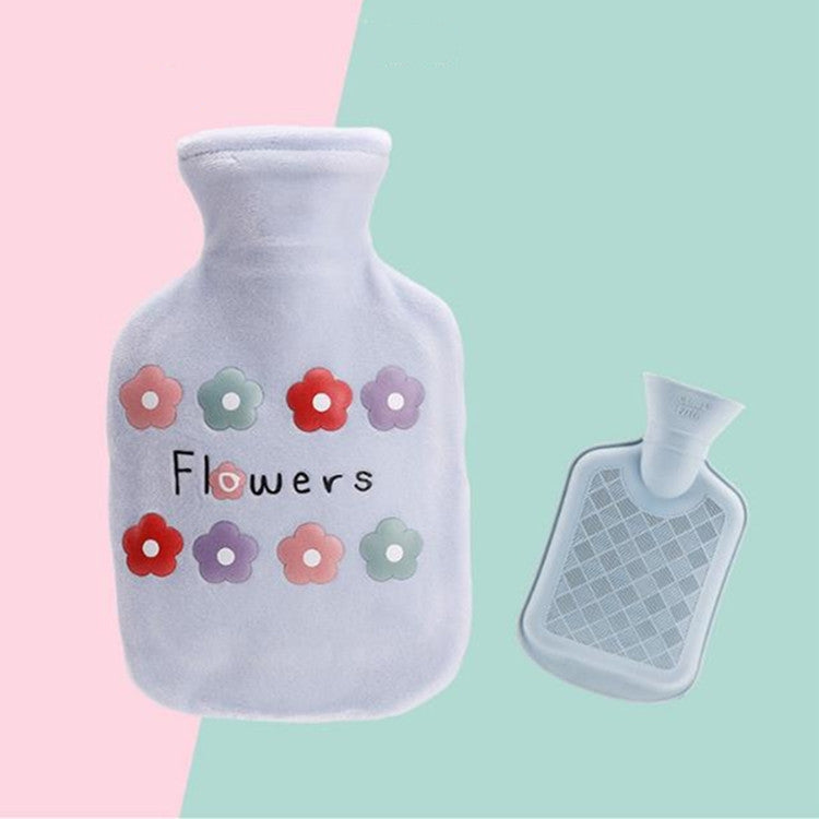 Cartoon Flowers Plush Hot Water Bottle Bag Injection Water Hand Warmer(Blue)