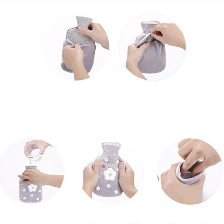 Cartoon Flowers Plush Hot Water Bottle Bag Injection Water Hand Warmer(Blue)