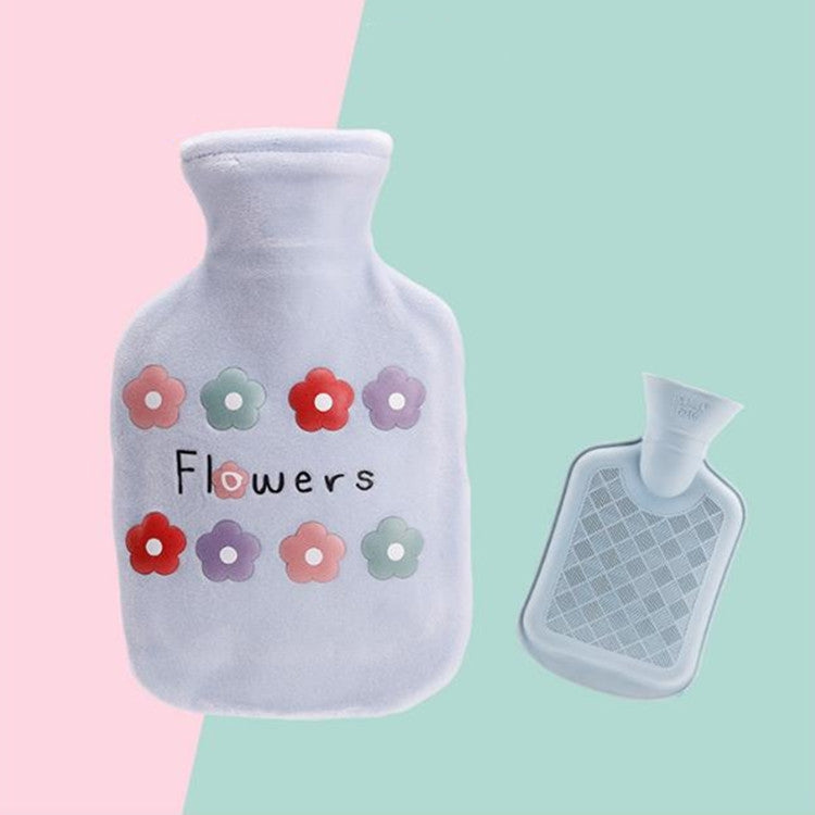 Cartoon Flowers Plush Hot Water Bottle Bag Injection Water Hand Warmer(Blue)