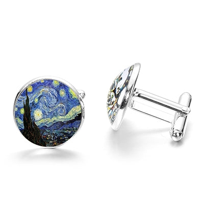 1 pair Fashion Van Gogh Art Painting Series Cufflinks Van Gogh Starry Night Crystal Glass Cabochon Cufflinks