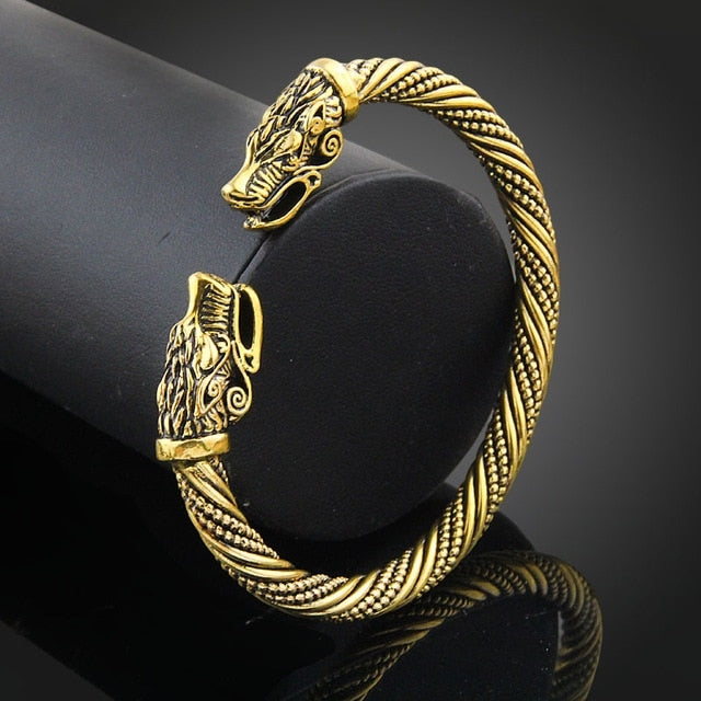 Men Wristband Cuff Wolf Head Viking Bracelet Jewelry Fashion Accessories(Antique Gold Plated)