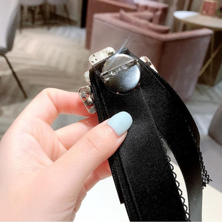 Women Vintage Bow-knot Lace Rhinestone Bow Tie Brooch Collar Accessories(Black)