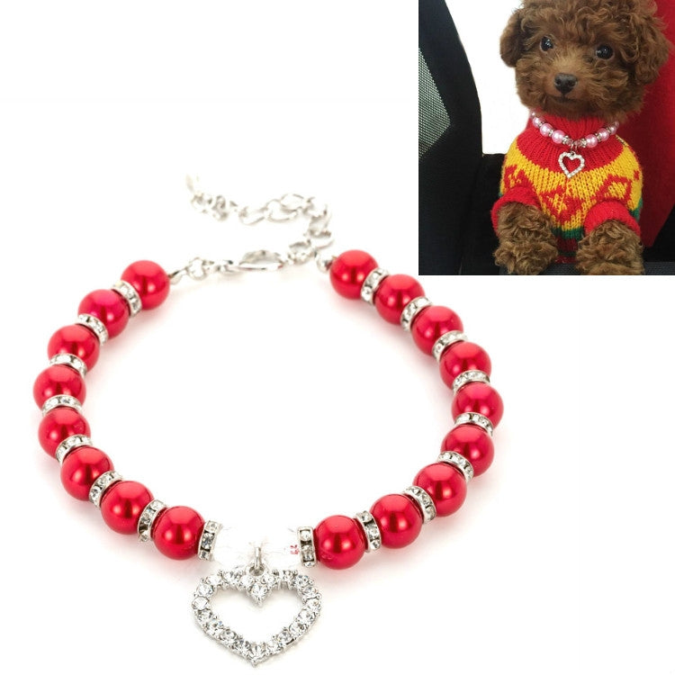 Pet Supplies Pearl Necklace Pet Collars Cat and Dog Accessories, Size:L(Red)
