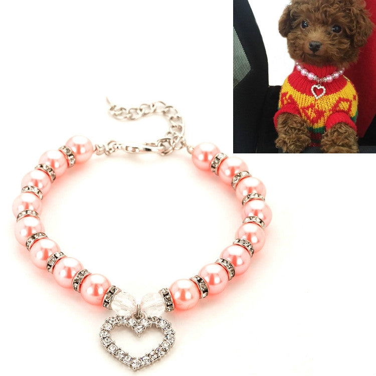 Pet Supplies Pearl Necklace Pet Collars Cat and Dog Accessories, Size:L(Pink)