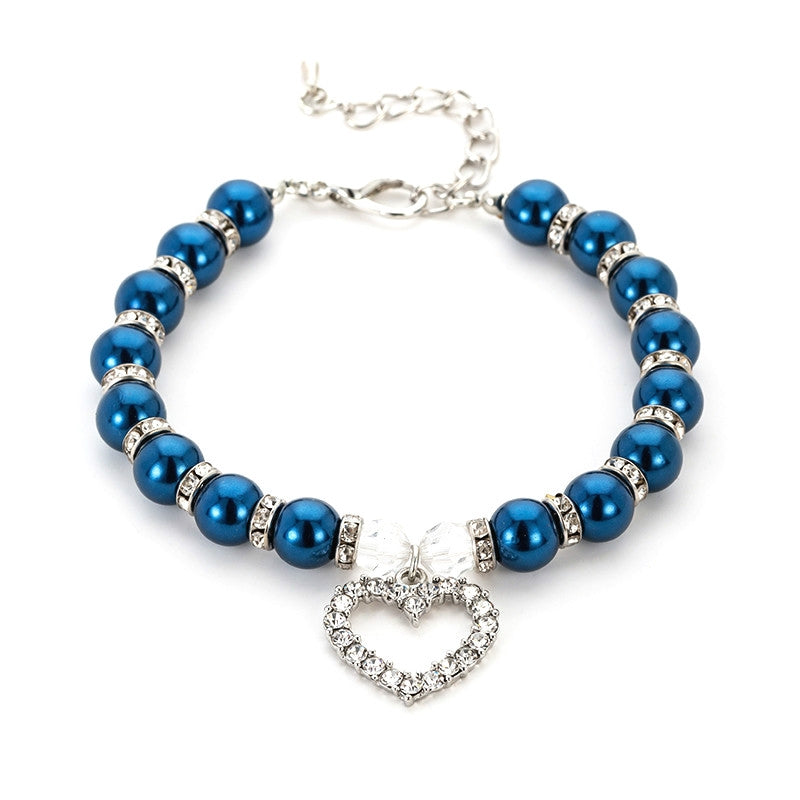 Pet Supplies Pearl Necklace Pet Collars Cat and Dog Accessories, Size:L(Dark Blue)