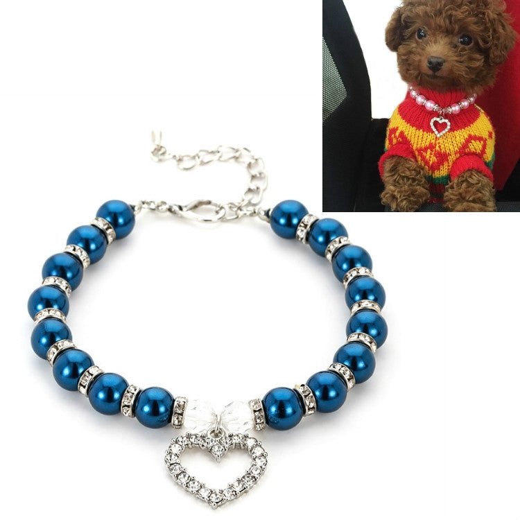 Pet Supplies Pearl Necklace Pet Collars Cat and Dog Accessories, Size:L(Dark Blue)