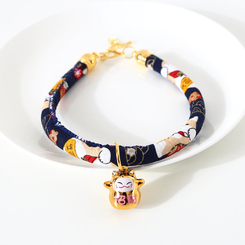 Lucky Cat Copper Bell Adjustable Pet Cat Dog Collar Necklace, Size:S 20-25cm(Navy Shiba Inu)