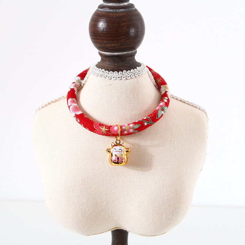 Lucky Cat Copper Bell Adjustable Pet Cat Dog Collar Necklace, Size:M 25-30cm(Red Flowers)