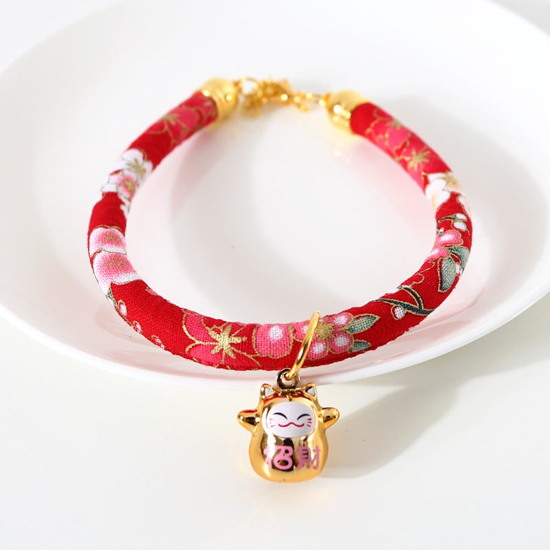 Lucky Cat Copper Bell Adjustable Pet Cat Dog Collar Necklace, Size:M 25-30cm(Red Flowers)
