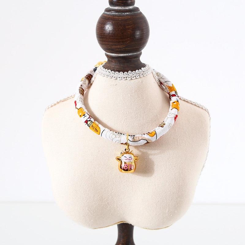 Lucky Cat Copper Bell Adjustable Pet Cat Dog Collar Necklace, Size:M 25-30cm(White Shiba Inu)