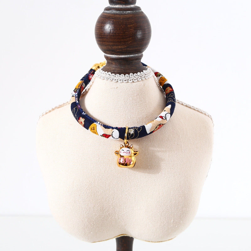 Lucky Cat Copper Bell Adjustable Pet Cat Dog Collar Necklace, Size:M 25-30cm(Navy Shiba Inu)