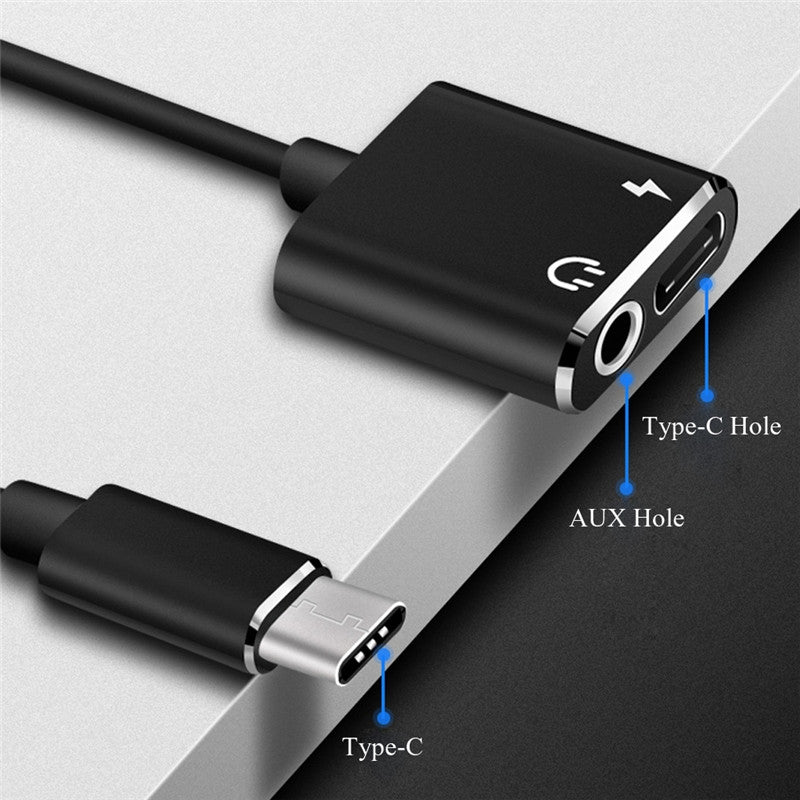 USB-C / Type-C to 3.5mm Aux + USB-C / Type C Earphone Adapter Charger Audio Cable(black)
