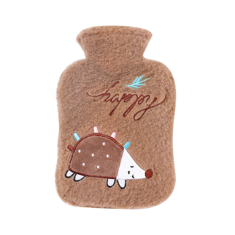 Hot Compress Stomach Hot Water Bottle Flannel Cover Cartoon Hand Warmer(Brown)