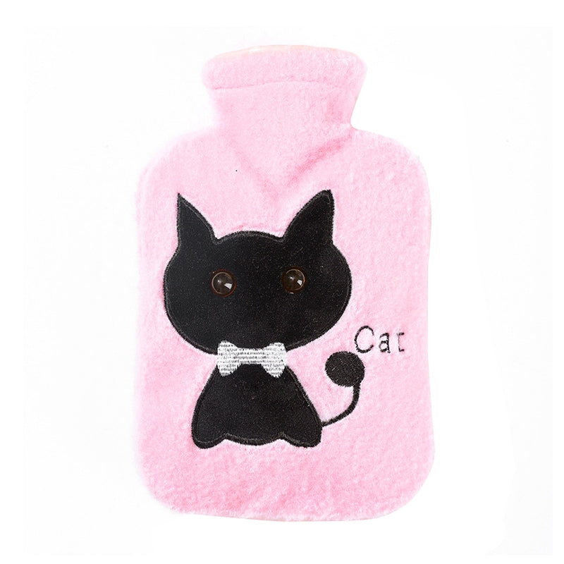 Hot Compress Stomach Hot Water Bottle Flannel Cover Cartoon Hand Warmer(Pink)