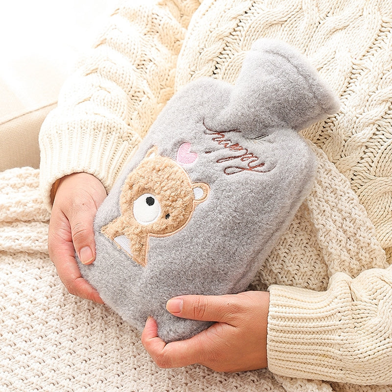 Hot Compress Stomach Hot Water Bottle Flannel Cover Cartoon Hand Warmer(Brown)