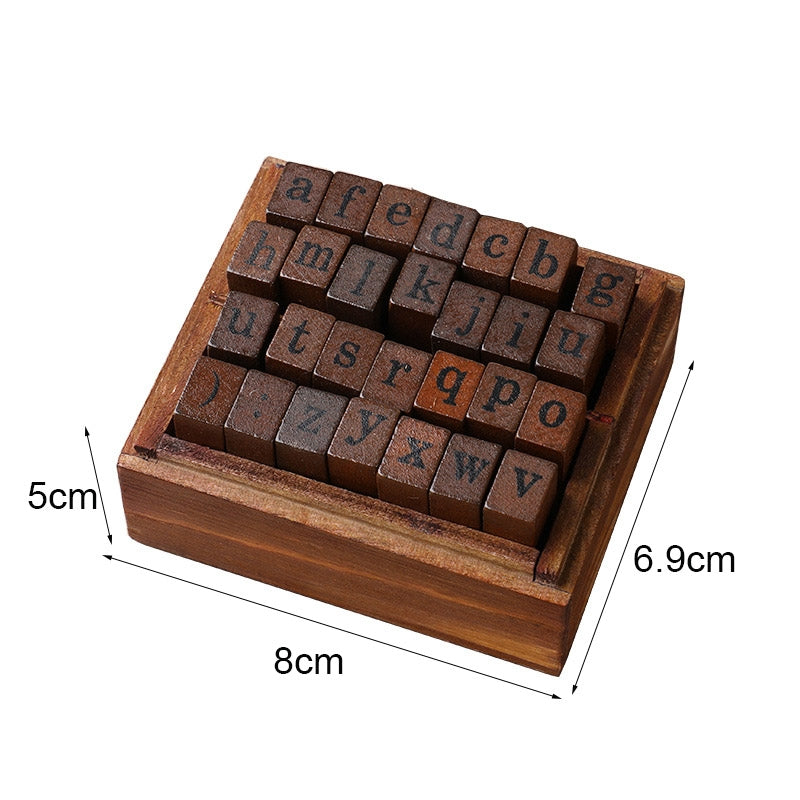 E13 28PCS/Set Vintage Wooden Alphabet and Number Diary Handbook DIY Stamps(Cursive Lowercase)
