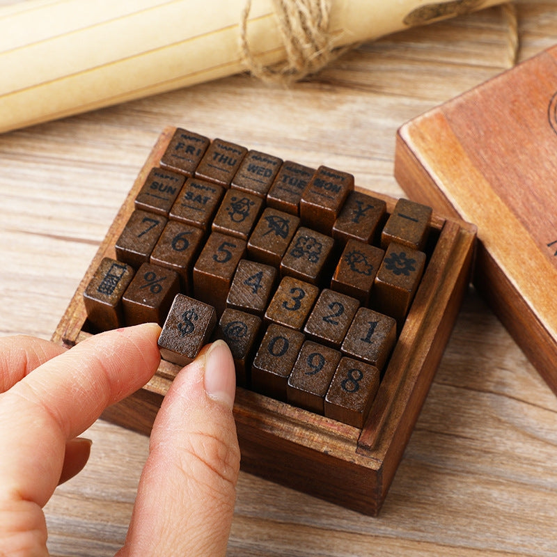 E13 28PCS/Set Vintage Wooden Alphabet and Number Diary Handbook DIY Stamps(Regular Capital)
