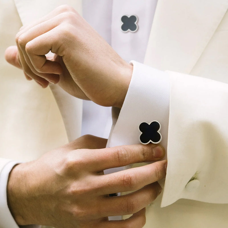 Men Clover Rose Pattern Cufflinks, Color: Black Cloud Pattern