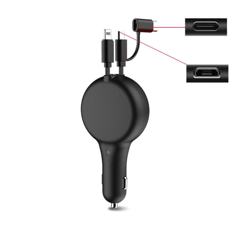 PD18W +QC 3.0 3 In 1 Retractable Car Charger With 8 Pin & Type-C/USB-C & Micro Port(Black)